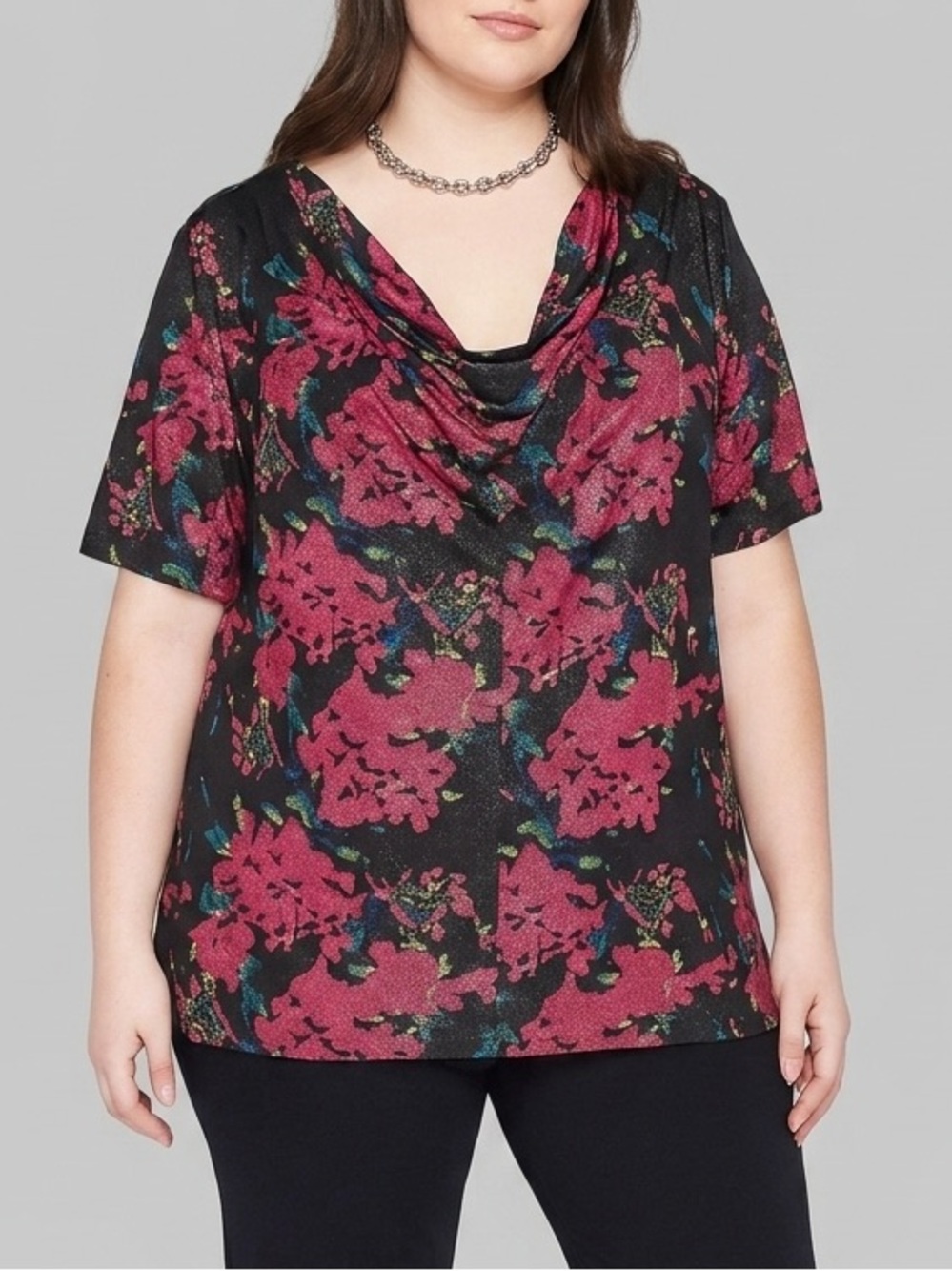 PENNINGTONS Cowl Neck Blouse Silver Floral Metallic 2X